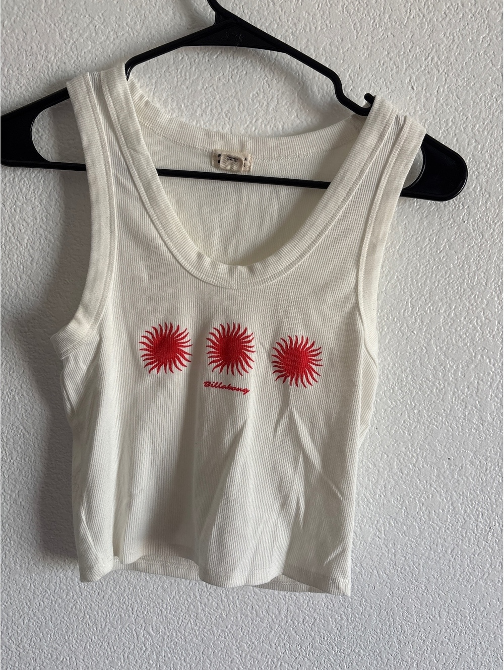 Billabong Women's White Ribbed Tank Top with Red Sun Graphic, Size M